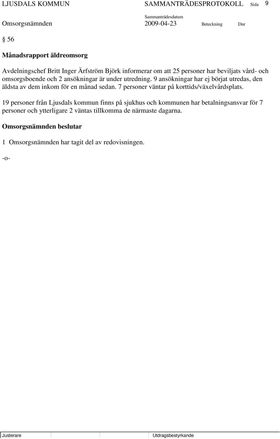 9 ansökningar har ej börjat utredas, den äldsta av dem inkom för en månad sedan. 7 personer väntar på korttids/växelvårdsplats.