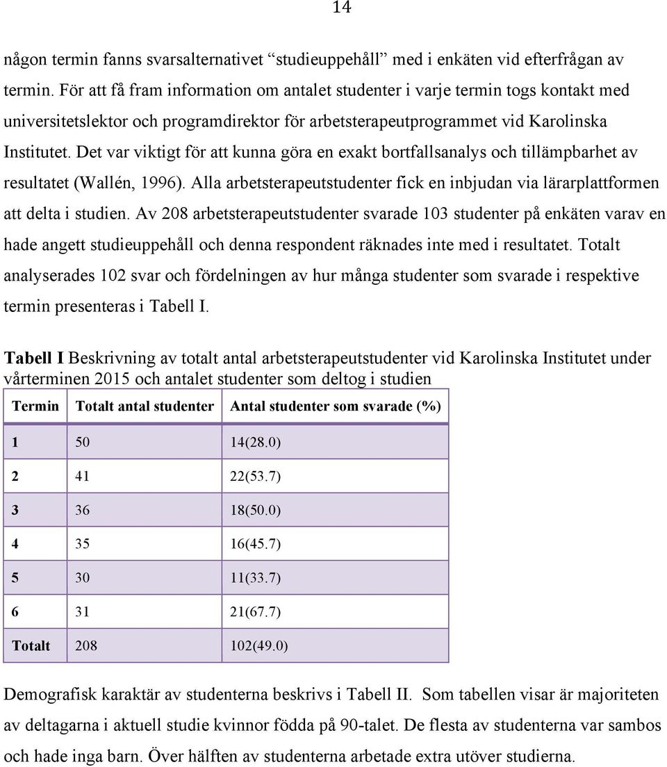 Det var viktigt för att kunna göra en exakt bortfallsanalys och tillämpbarhet av resultatet (Wallén, 1996). Alla arbetsterapeutstudenter fick en inbjudan via lärarplattformen att delta i studien.