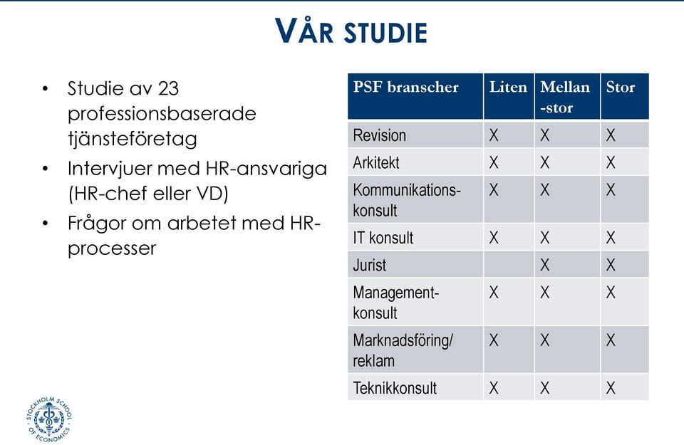 Liten Mellan -stor Revision X X X Arkitekt X X X X X X IT konsult X X X Jurist X X