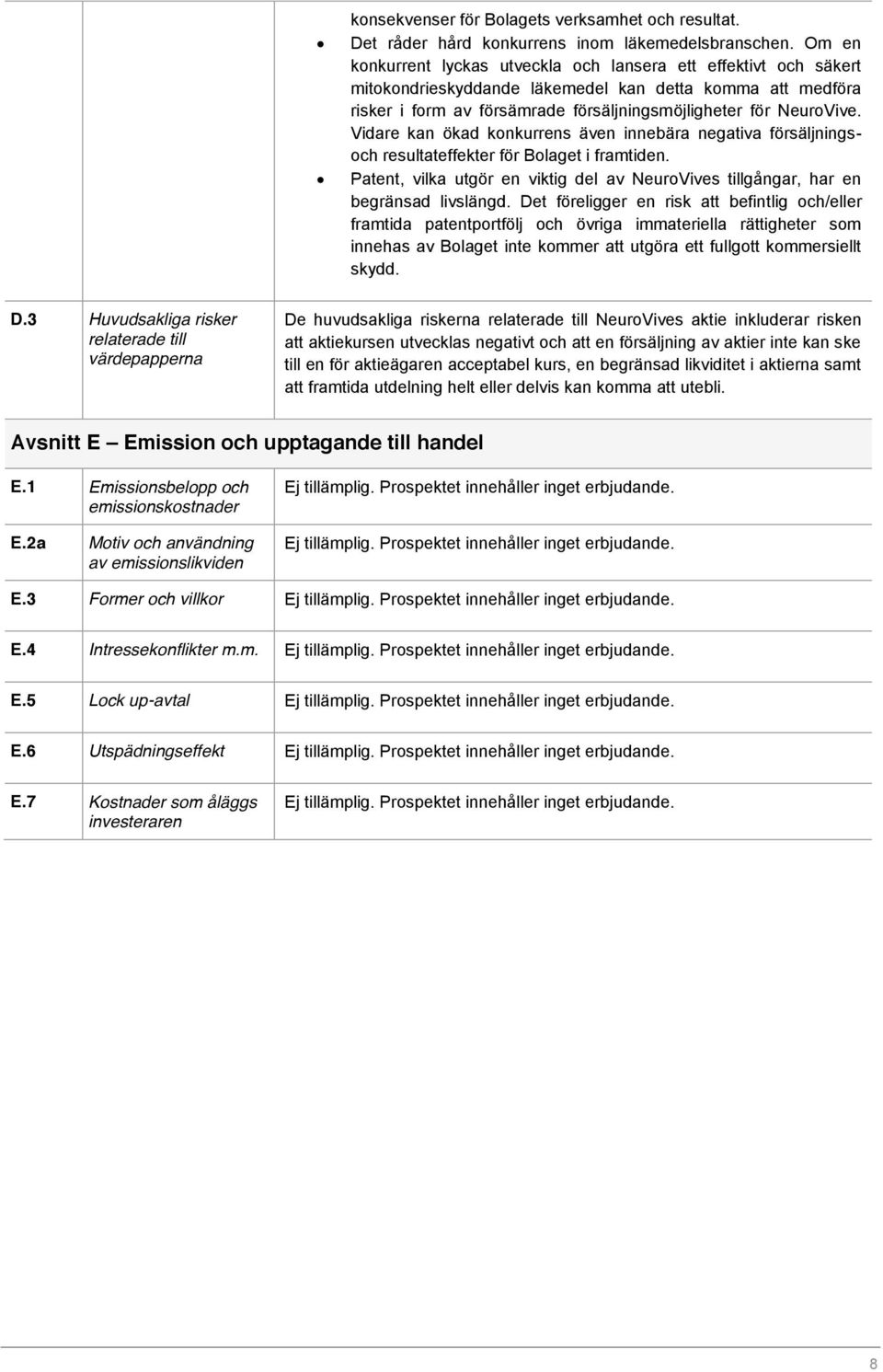 Vidare kan ökad konkurrens även innebära negativa försäljningsoch resultateffekter för Bolaget i framtiden. Patent, vilka utgör en viktig del av NeuroVives tillgångar, har en begränsad livslängd.