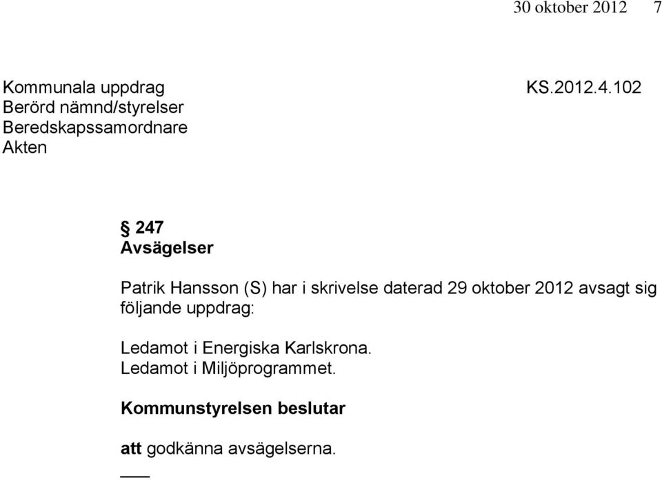 102 247 Avsägelser Patrik Hansson (S) har i skrivelse daterad 29 oktober