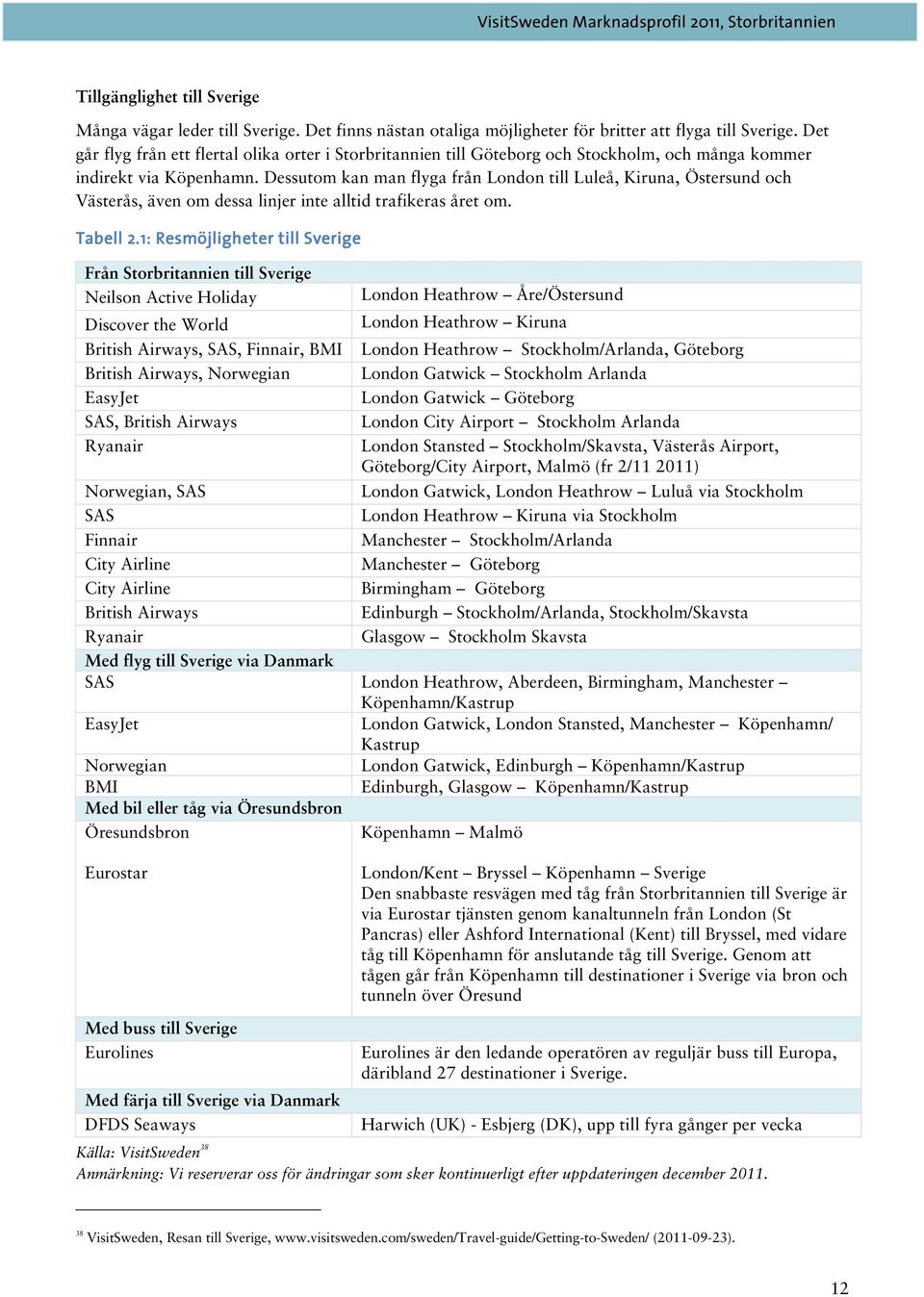 Dessutom kan man flyga från London till Luleå, Kiruna, Östersund och Västerås, även om dessa linjer inte alltid trafikeras året om. Tabell 2.
