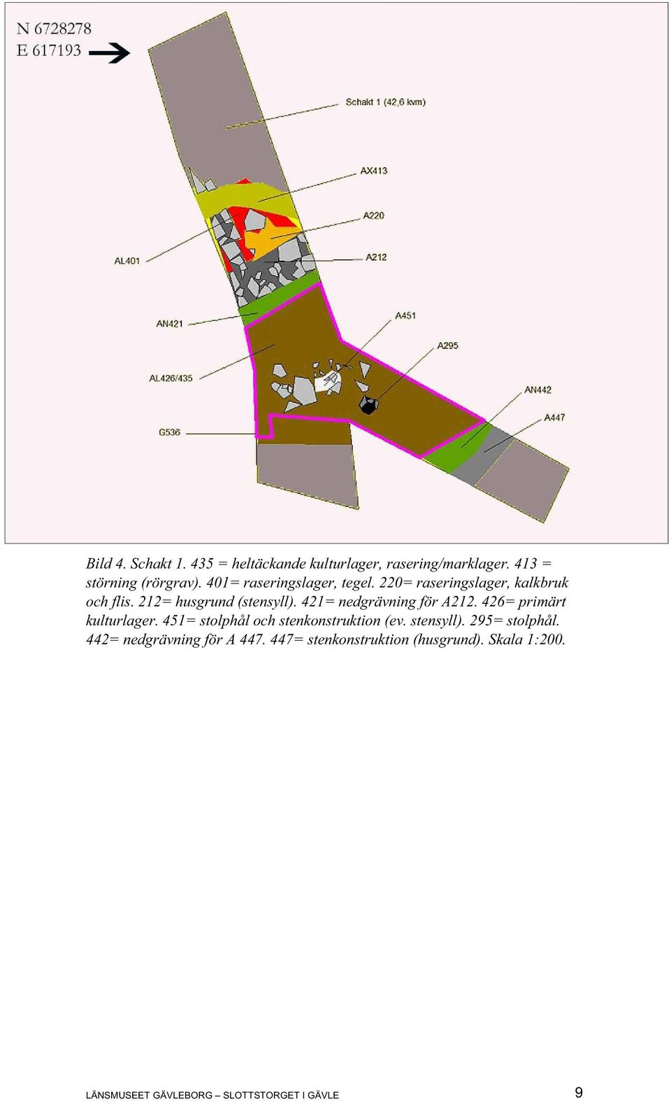 426= primärt kulturlager. 451= stolphål och stenkonstruktion (ev. stensyll). 295= stolphål.