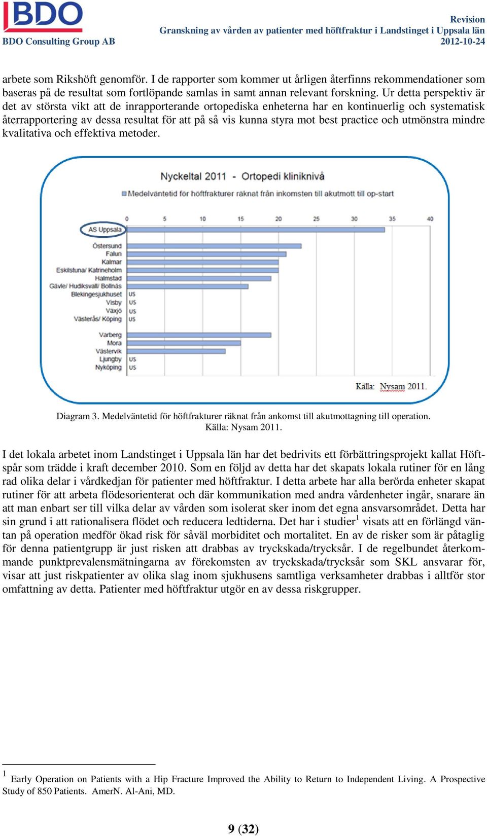 practice och utmönstra mindre kvalitativa och effektiva metoder. Diagram 3. Medelväntetid för höftfrakturer räknat från ankomst till akutmottagning till operation. Källa: Nysam 2011.