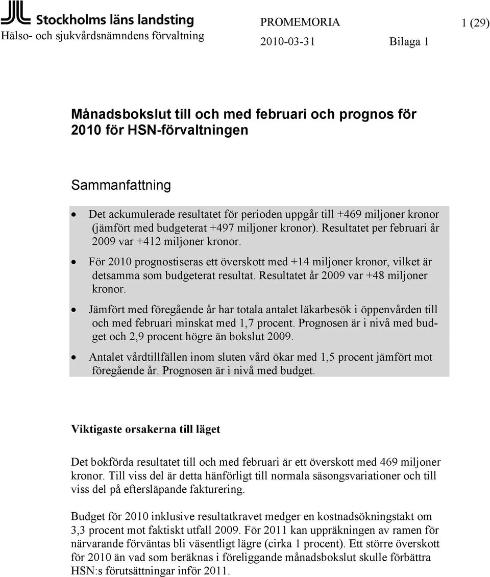 För prognostiseras ett överskott med +14 miljoner kronor, vilket är detsamma som budgeterat resultat. Resultatet år 2009 var +48 miljoner kronor.