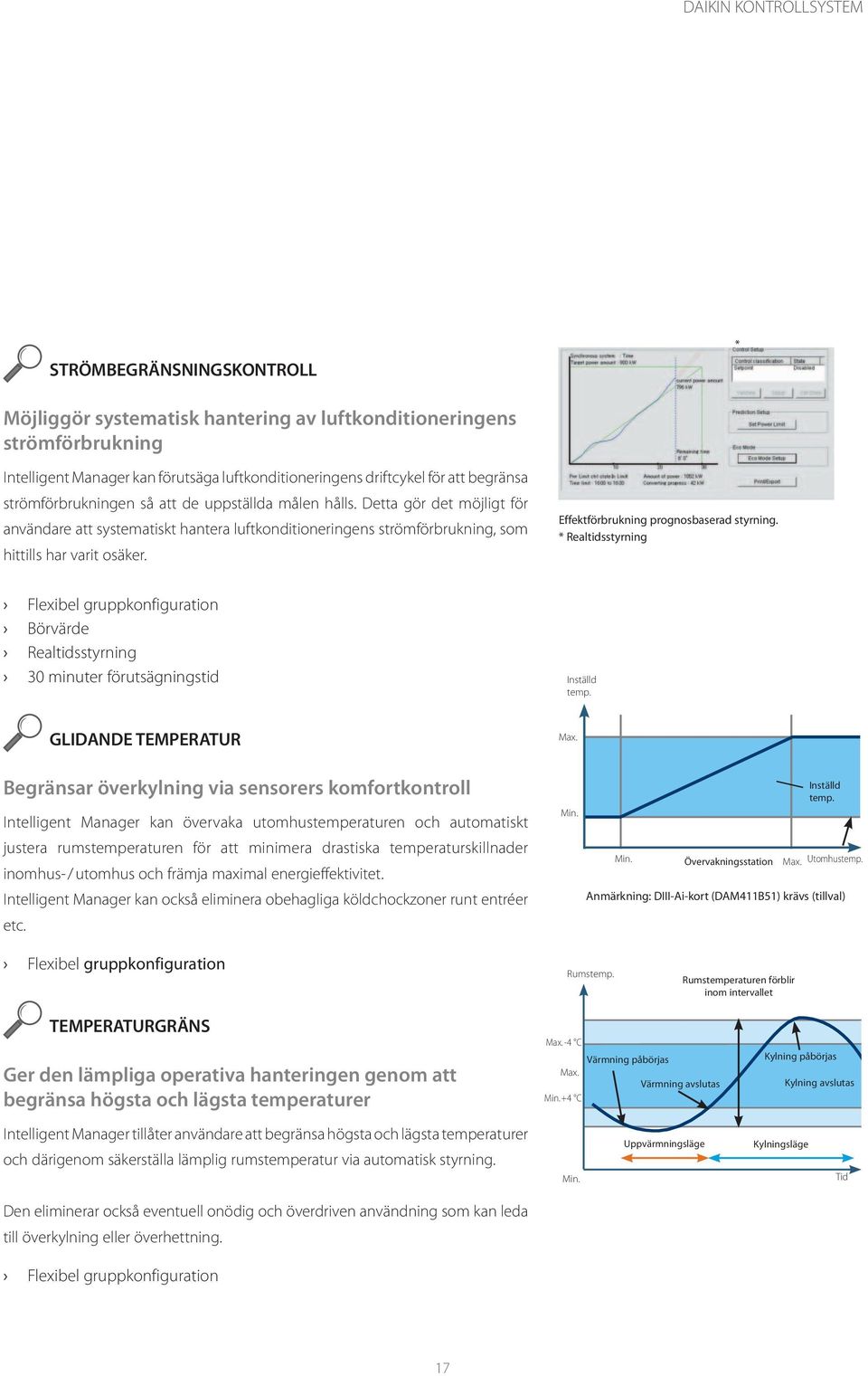 Effektförbrukning prognosbaserad styrning. * Realtidsstyrning Flexibel gruppkonfiguration Börvärde Realtidsstyrning 30 minuter förutsägningstid Inställd temp. GLIDANDE TEMPERATUR Max.