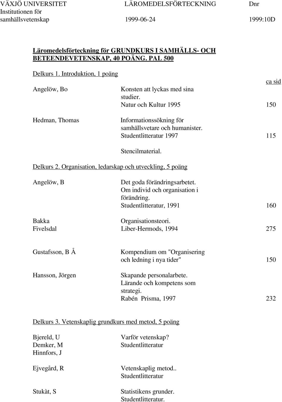 Delkurs 2. Organisation, ledarskap och utveckling, 5 poäng Angelöw, B Det goda förändringsarbetet. Om individ och organisation i förändring., 1991 160 Bakka Organisationsteori.