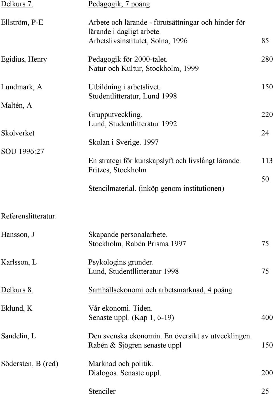 1997 En strategi för kunskapslyft och livslångt lärande. Fritzes, Stockholm Stencilmaterial. (inköp genom institutionen) 85 280 150 220 24 113 50 Referenslitteratur: Hansson, J Karlsson, L Delkurs 8.