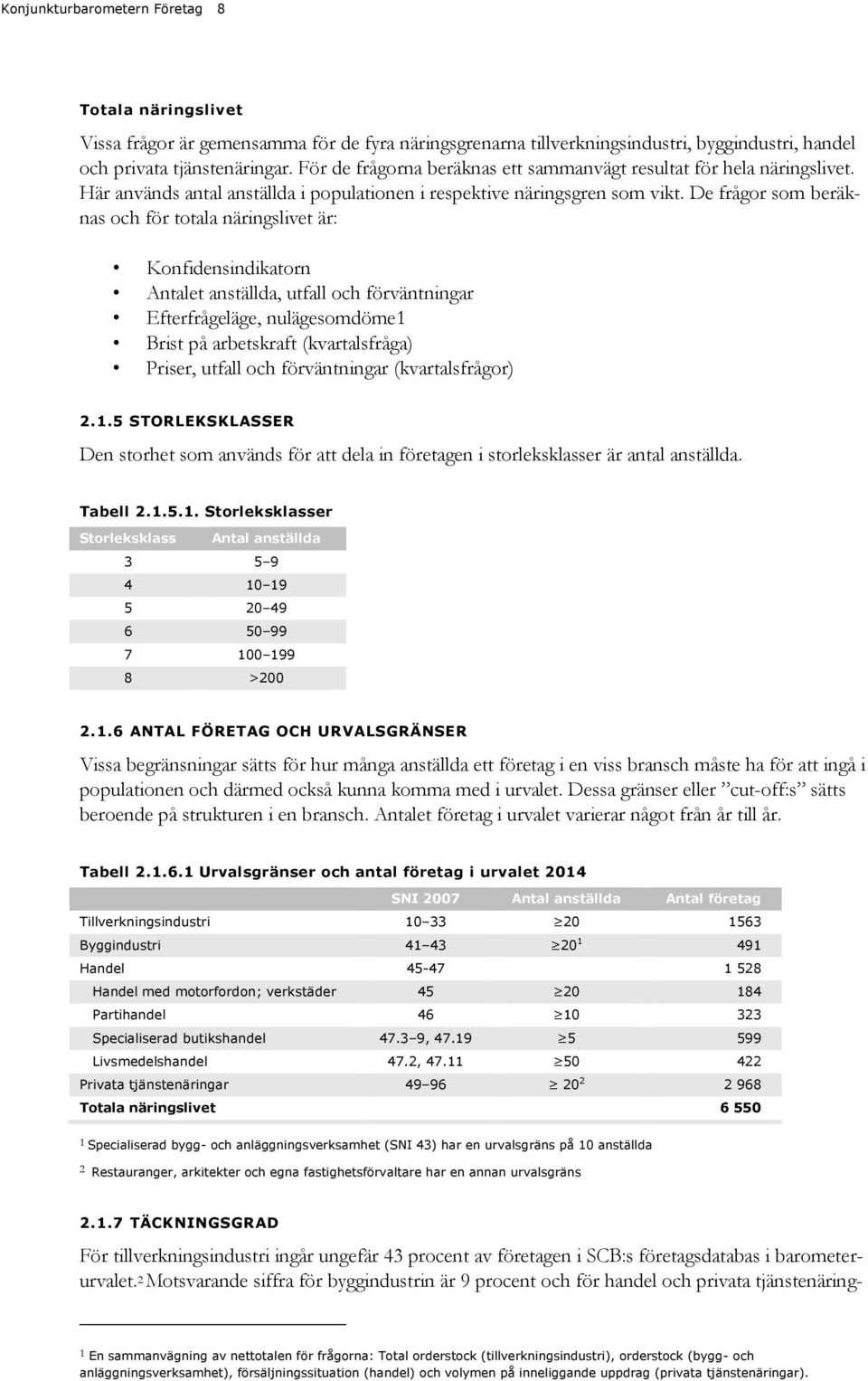 De frågor som beräknas och för totala näringslivet är: Konfidensindikatorn Antalet anställda, utfall och förväntningar Efterfrågeläge, nulägesomdöme1 Brist på arbetskraft (kvartalsfråga) Priser,