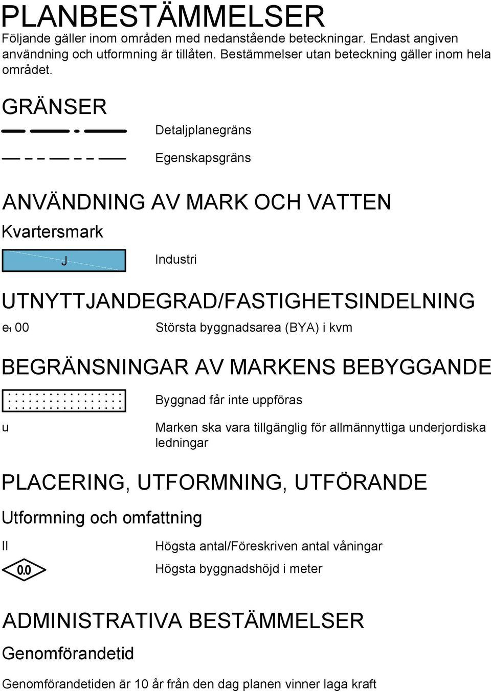 GRÄNSER Detaljplanegräns Egenskapsgräns ANVÄNDNING AV MARK OCH VATTEN Kvartersmark J Industri UTNYTTJANDEGRAD/FASTIGHETSINDELNING e1 00 Största byggnadsarea (BYA) i kvm