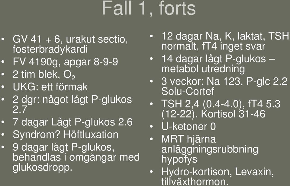 12 dagar Na, K, laktat, TSH normalt, ft4 inget svar 14 dagar lågt P-glukos metabol utredning 3 veckor: Na 123, P-glc 2.