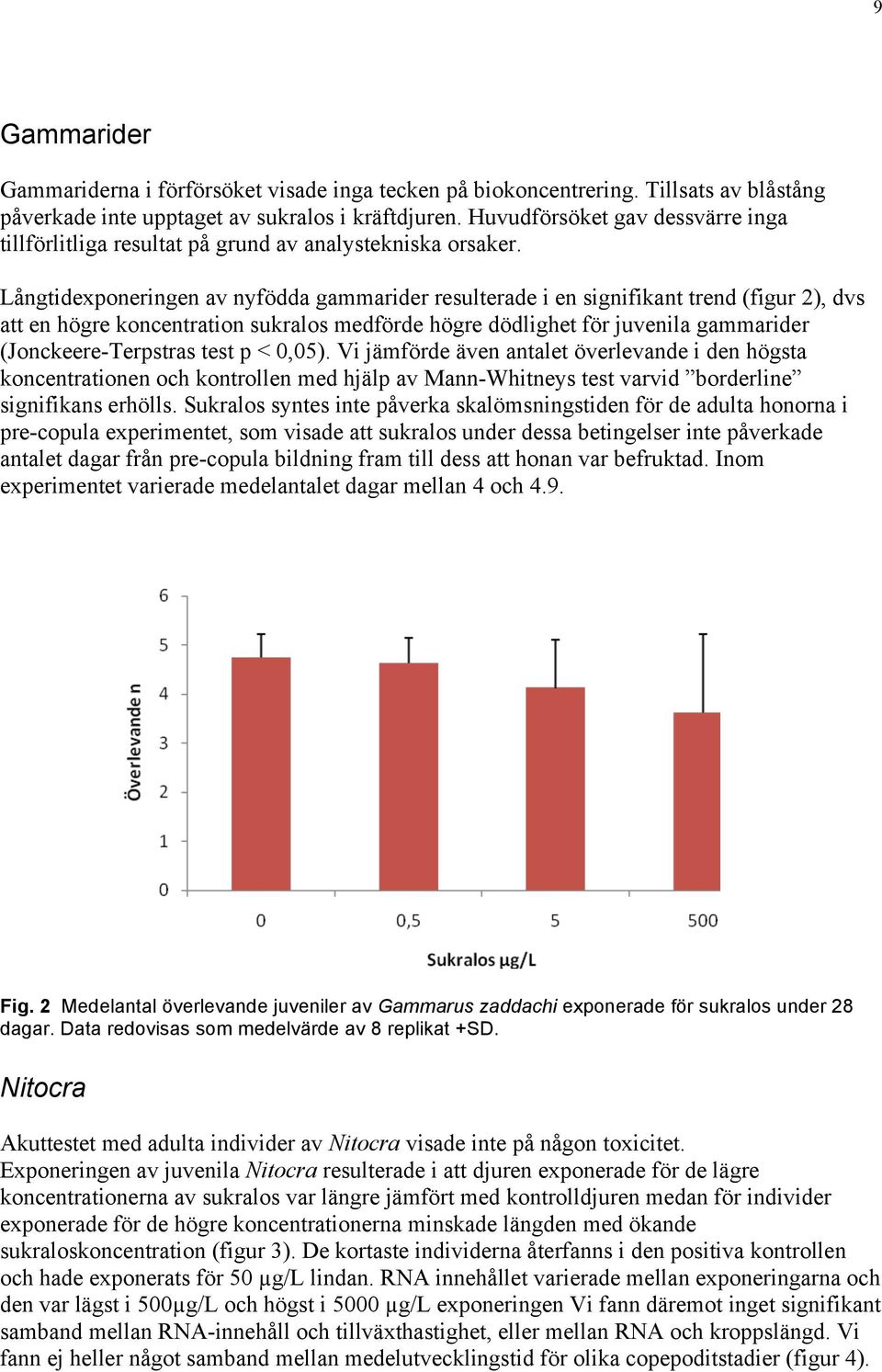 Långtidexponeringen av nyfödda gammarider resulterade i en signifikant trend (figur 2), dvs att en högre koncentration sukralos medförde högre dödlighet för juvenila gammarider (Jonckeere-Terpstras