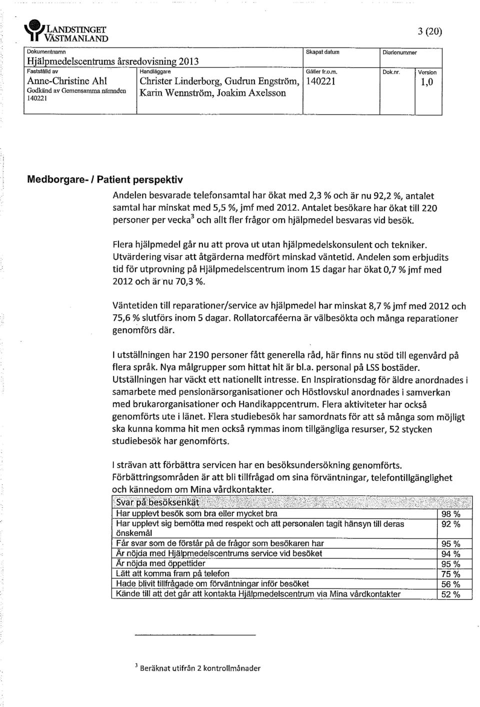 2012. Antalet besökare har ökat till 220 personer per vecka3 och allt fler frågor om hjälpmedel besvaras vid besök. Flera hjälpmedel går nu att prova ut utan hjälpmedelskonsulent och tekniker.