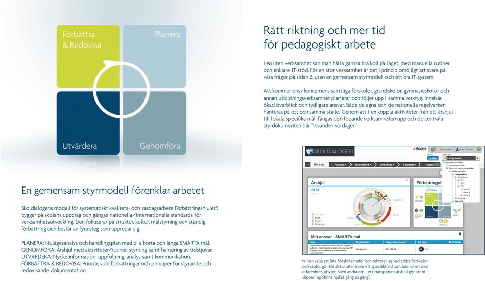 Att kommunens/koncernens samtliga förskolor, grundskolor, gymnasieskolor och annan utbildningsverksamhet planerar och följer upp i samma verktyg, innebär ökad överblick och tydligare ansvar.