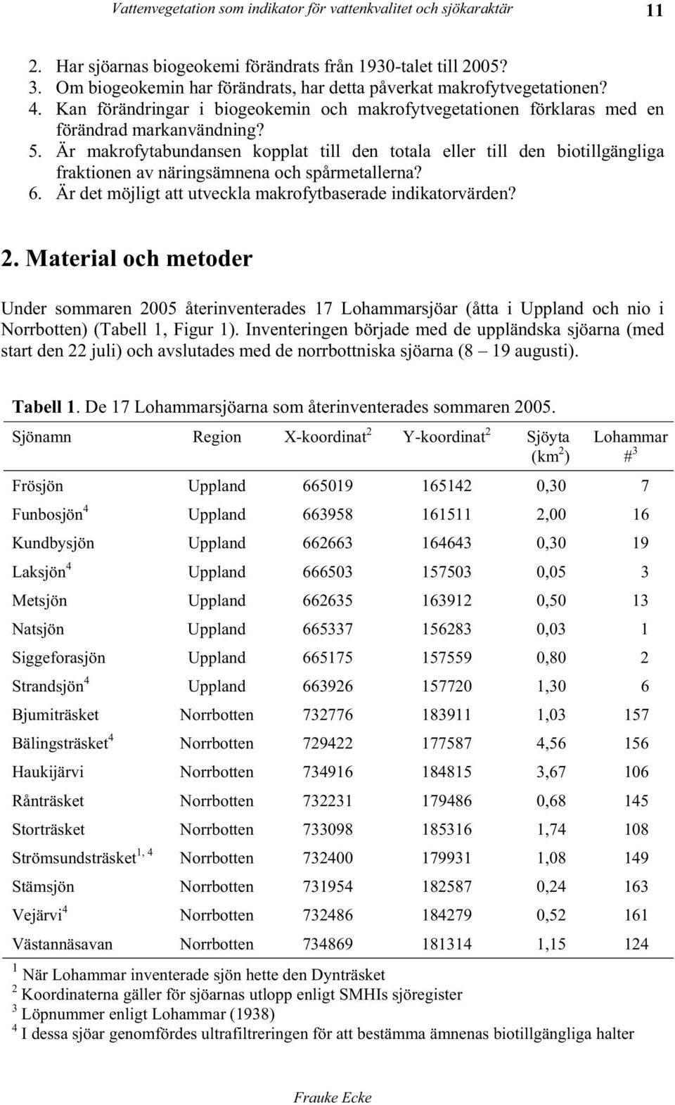 Är makrofytabundansen kopplat till den totala eller till den biotillgängliga fraktionen av näringsämnena och spårmetallerna? 6. Är det möjligt att utveckla makrofytbaserade indikatorvärden? 2.