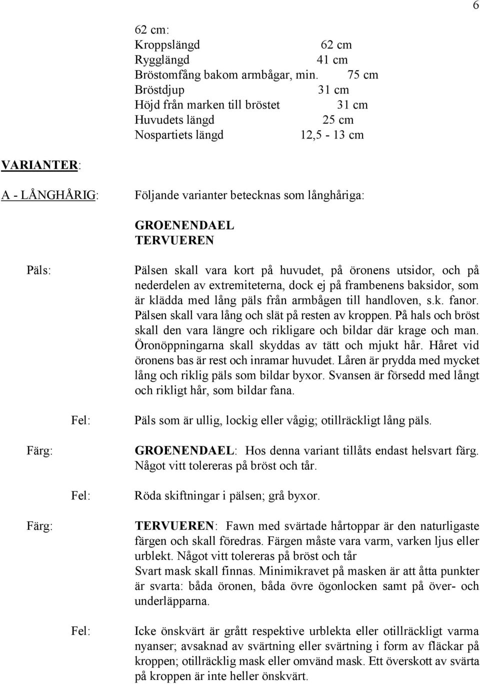 TERVUEREN Päls: Pälsen skall vara kort på huvudet, på öronens utsidor, och på nederdelen av extremiteterna, dock ej på frambenens baksidor, som är klädda med lång päls från armbågen till handloven, s.