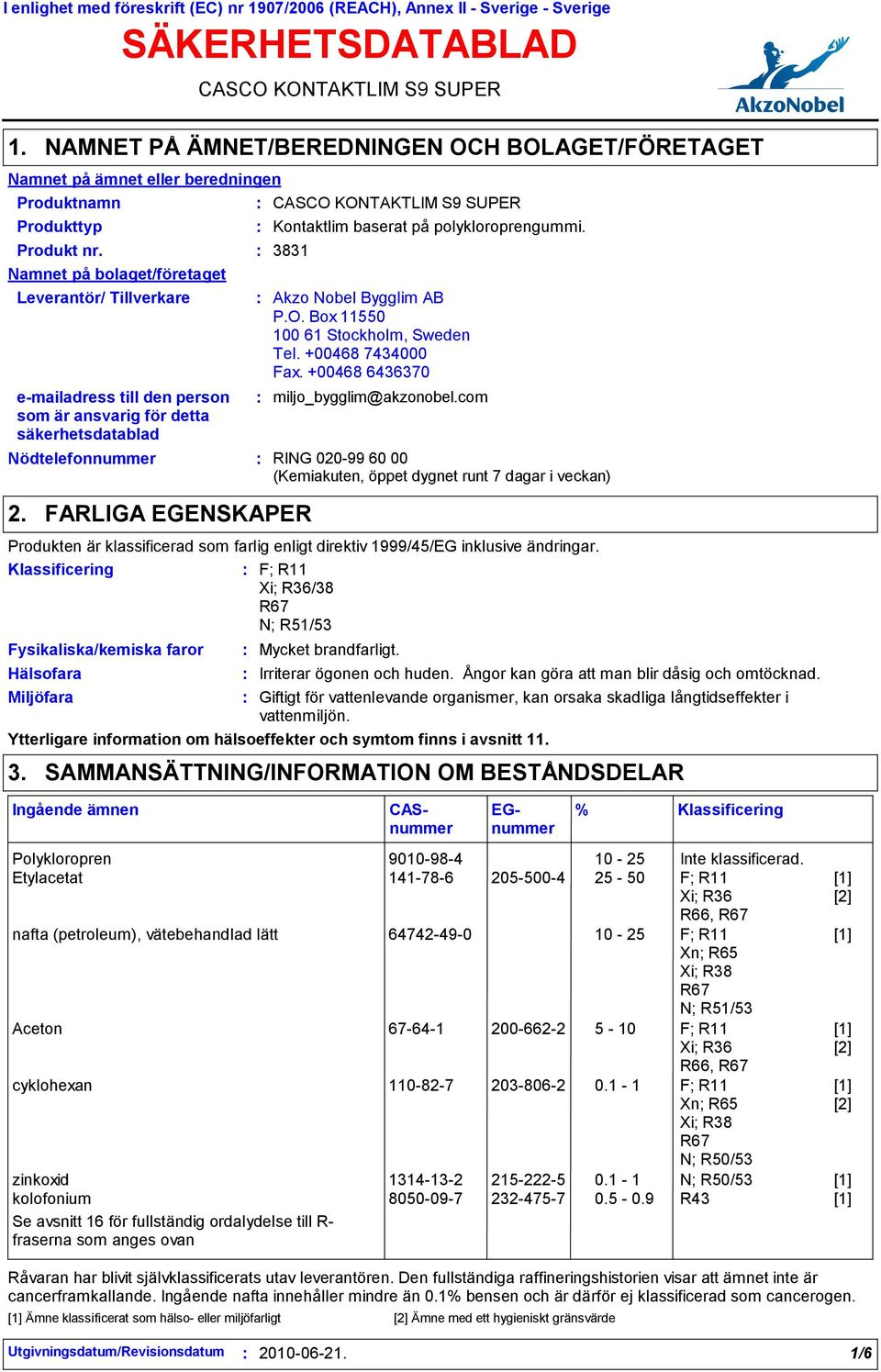 3831 Namnet på bolaget/företaget Leverantör/ Tillverkare e-mailadress till den person som är ansvarig för detta säkerhetsdatablad Nödtelefonnummer 2.