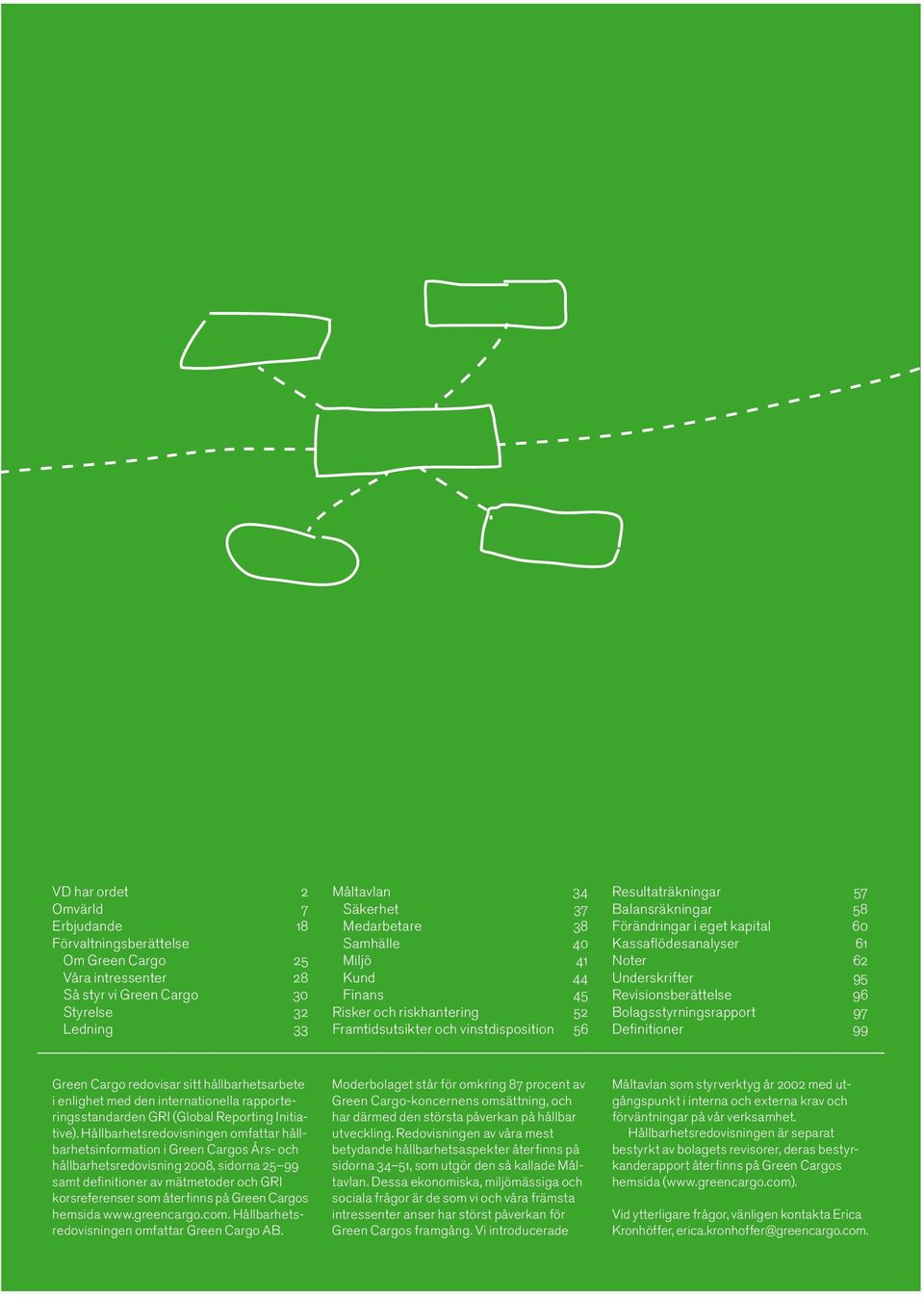 62 Underskrifter 95 Revisionsberättelse 96 Bolagsstyrningsrapport 97 Definitioner 99 Green Cargo redovisar sitt hållbarhetsarbete i enlighet med den internationella rapporterings standarden GRI