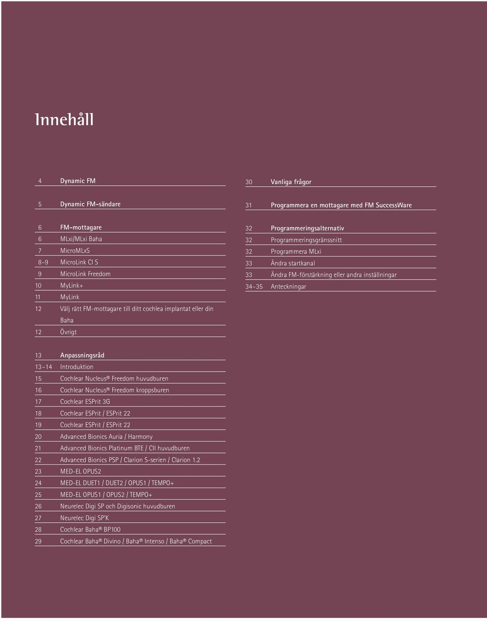 Ändra FM-förstärkning eller andra inställningar 34 35 Anteckningar 13 Anpassningsråd 13 14 Introduktion 15 Cochlear Nucleus Freedom huvudburen 16 Cochlear Nucleus Freedom kroppsburen 17 Cochlear