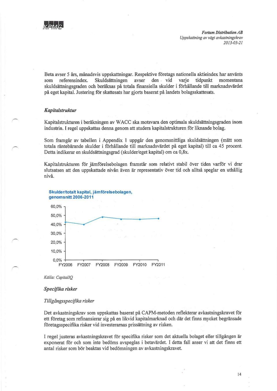 Justering för skattesats har gjorts baserat på landets bolagsskattesats. Kapitalstruktur Kapitalstrukturen i beräkningen av WACC ska motsvara den optimala skuldsättningsgraden inom industrin.