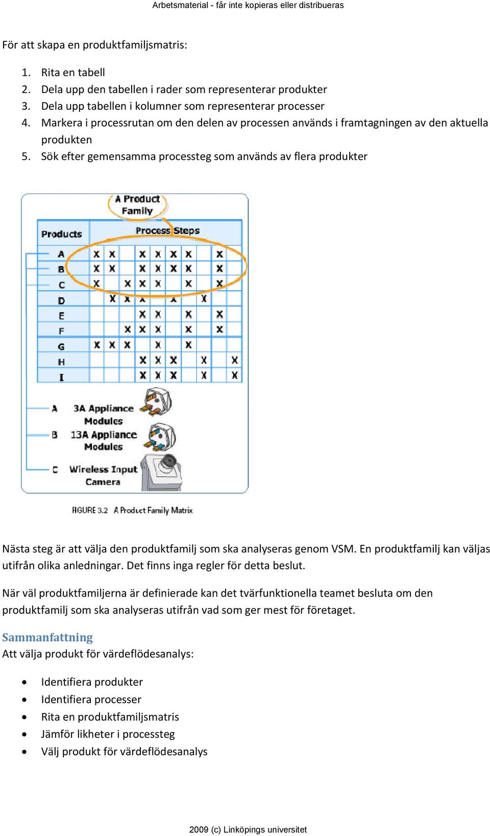 Sök efter gemensamma processteg som används av flera produkter Nästa steg är att välja den produktfamilj som ska analyseras genom VSM. En produktfamilj kan väljas utifrån olika anledningar.