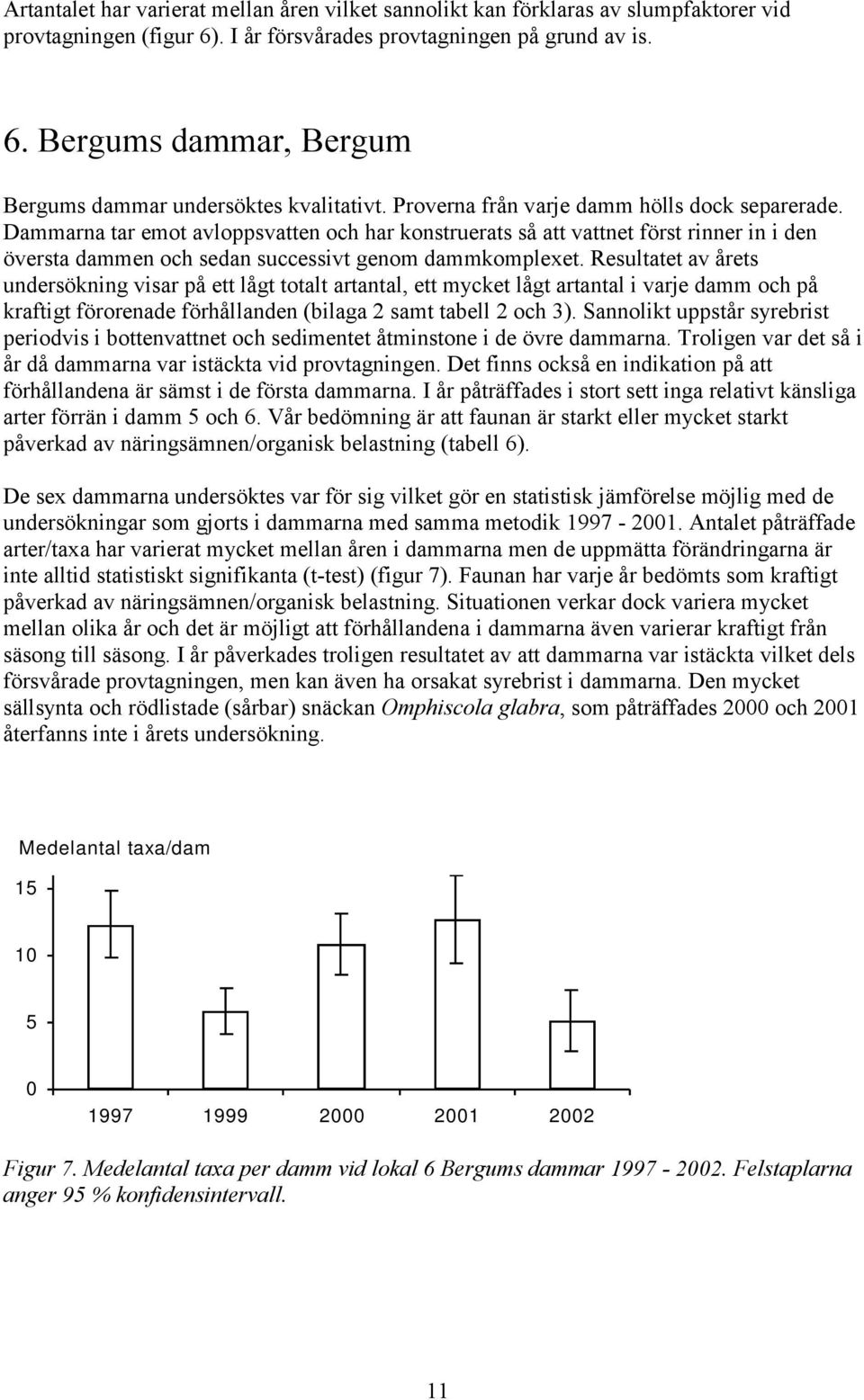 Resultatet av årets undersökning visar på ett lågt totalt artantal, ett mycket lågt artantal i varje damm och på kraftigt förorenade förhållanden (bilaga 2 samt tabell 2 och 3).