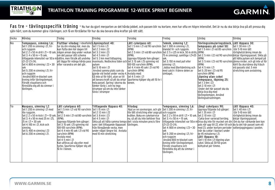 Vecka Måndag Tisdag Onsdag Torsdag Fredag Lördag Söndag Nio Tempopass, simning 1,6: Set 1: 200 m simning i Z1, frioch Set 2: 2 x 50 m drill i Z1 + 10 sek.