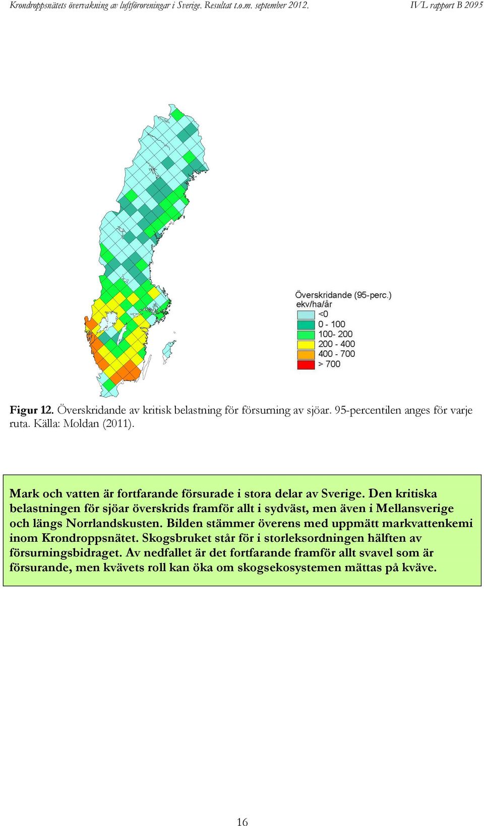 Den kritiska belastningen för sjöar överskrids framför allt i sydväst, men även i Mellansverige och längs Norrlandskusten.