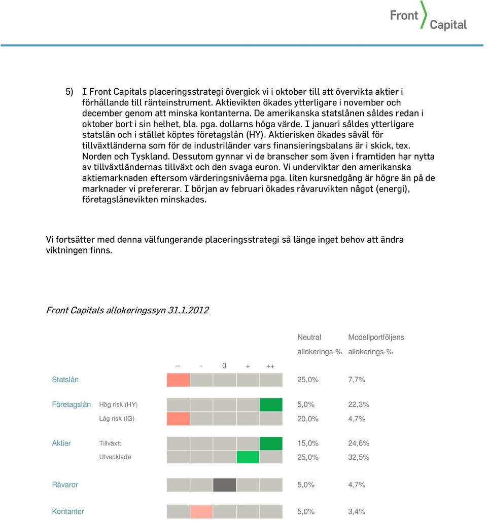 I januari såldes ytterligare statslån och i stället köptes företagslån (HY). Aktierisken ökades såväl för tillväxtländerna som för de industriländer vars finansieringsbalans är i skick, tex.