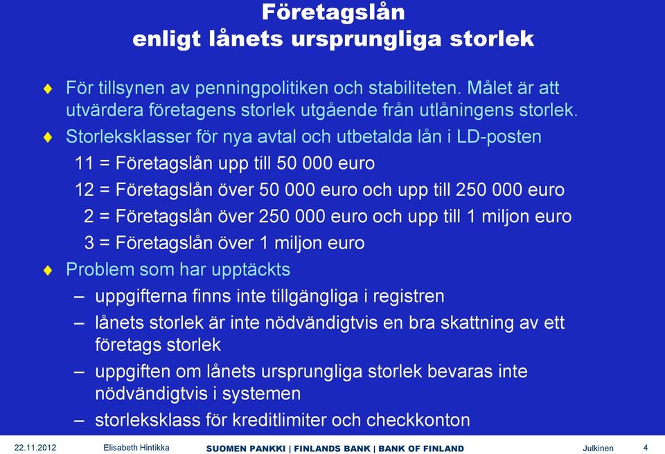 över 250 000 euro och upp till 1 miljon euro 3 = Företagslån över 1 miljon euro Problem som har upptäckts uppgifterna finns inte tillgängliga i registren lånets storlek är inte