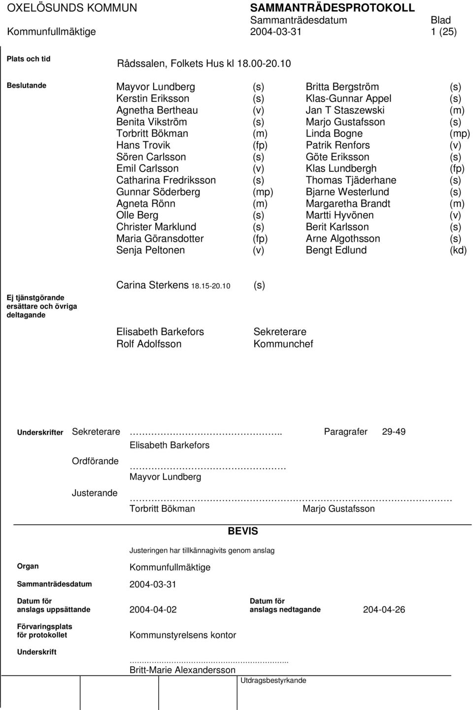 Bogne (mp) Hans Trovik (fp) Patrik Renfors (v) Sören Carlsson (s) Göte Eriksson (s) Emil Carlsson (v) Klas Lundbergh (fp) Catharina Fredriksson (s) Thomas Tjäderhane (s) Gunnar Söderberg (mp) Bjarne