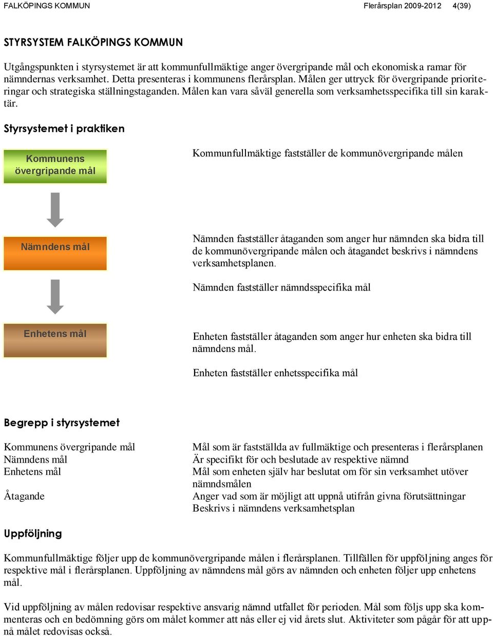 Styrsystemet i praktiken Kommunens övergripande mål Kommunfullmäktige fastställer de kommunövergripande målen Nämndens mål Nämnden fastställer åtaganden som anger hur nämnden ska bidra till de