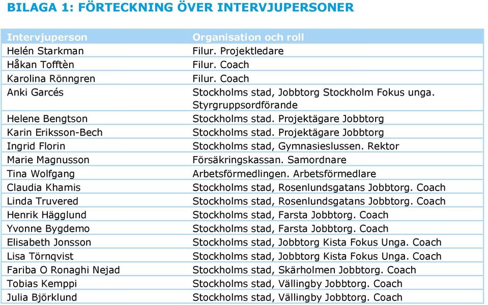 Coach Filur. Coach Stockholms stad, Jobbtorg Stockholm Fokus unga. Styrgruppsordförande Stockholms stad. Projektägare Jobbtorg Stockholms stad. Projektägare Jobbtorg Stockholms stad, Gymnasieslussen.