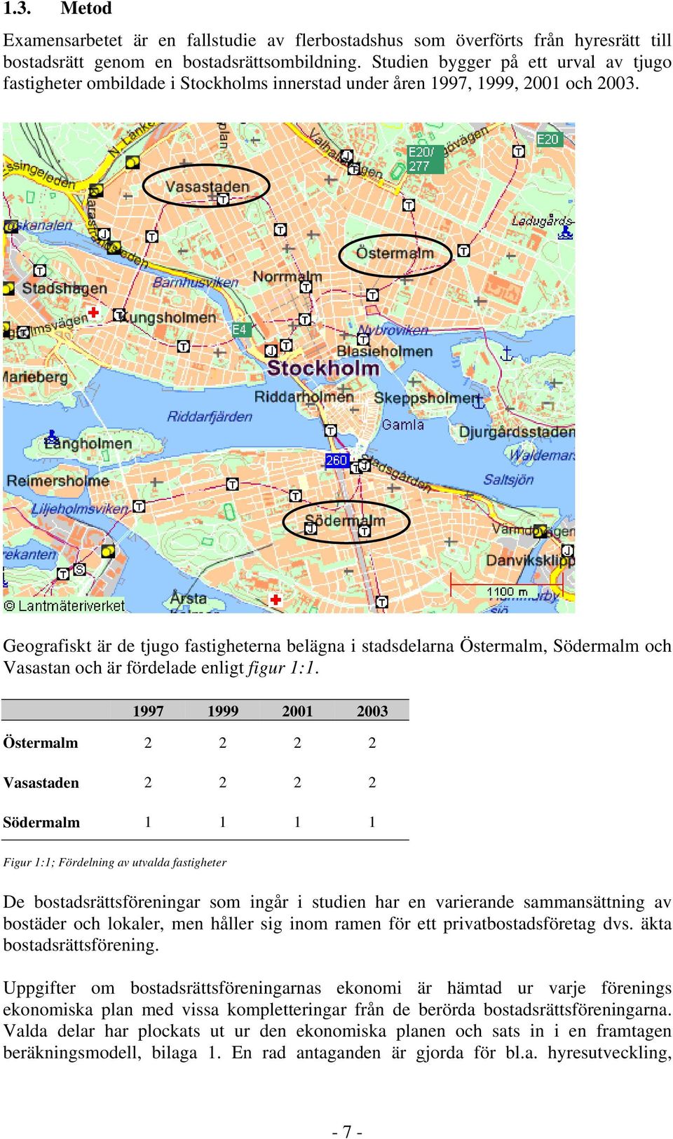 Geografiskt är de tjugo fastigheterna belägna i stadsdelarna Östermalm, Södermalm och Vasastan och är fördelade enligt figur 1:1.