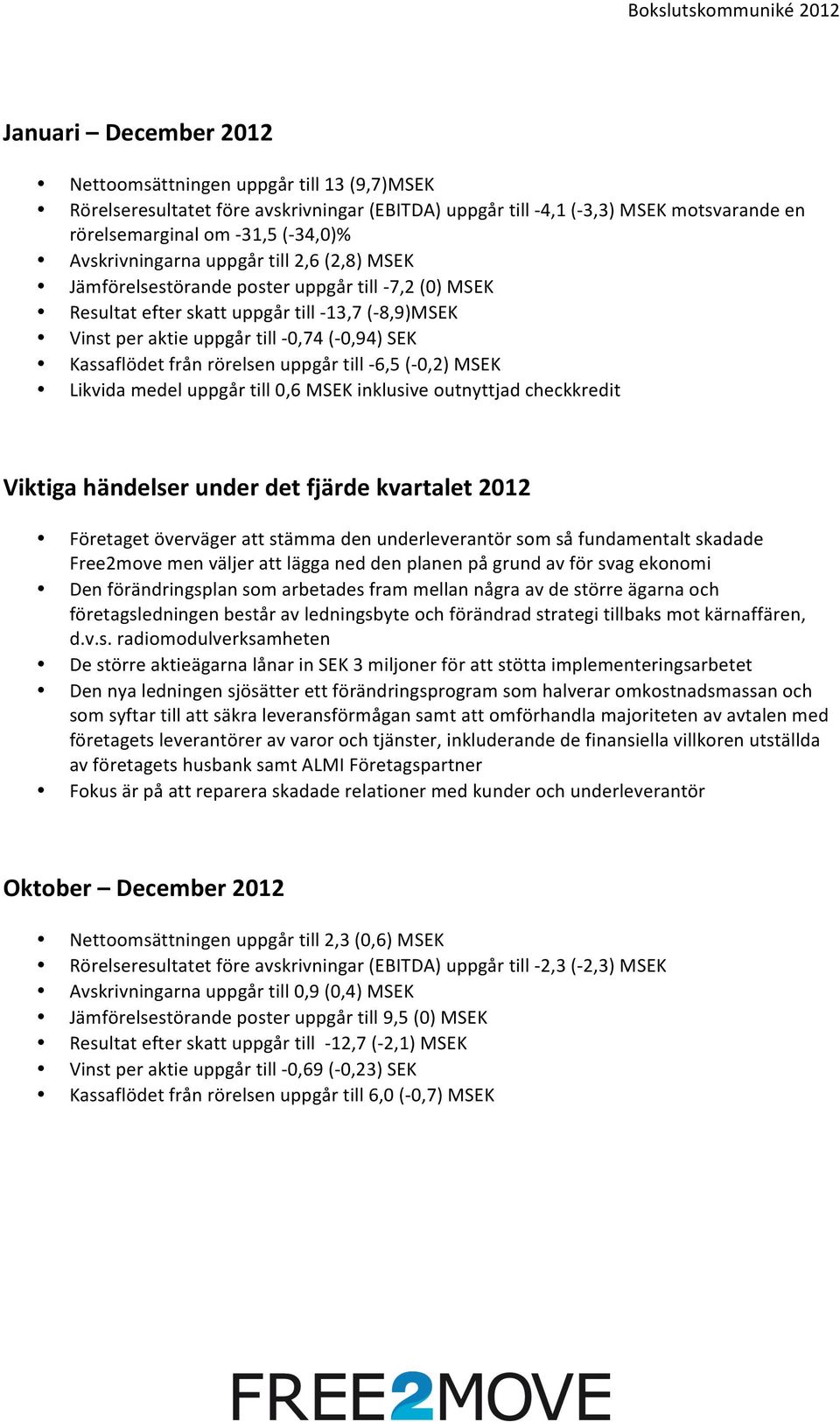 Kassaflödet från rörelsen uppgår till - 6,5 (- 0,2) MSEK Likvida medel uppgår till 0,6 MSEK inklusive outnyttjad checkkredit Viktiga händelser under det fjärde kvartalet 2012 Företaget överväger att