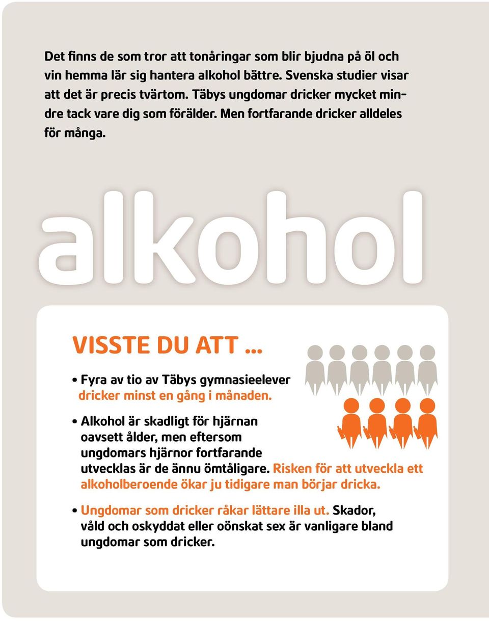 alkohol VISSTE DU ATT Fyra av tio av Täbys gymnasieelever dricker minst en gång i månaden.