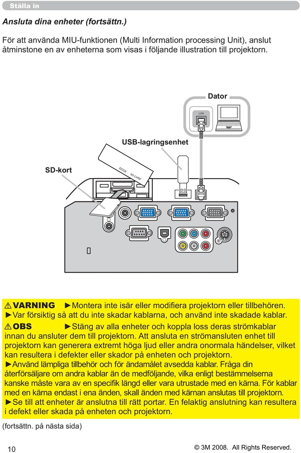 Dator LAN USB-lagringsenhet SD-kort SD CARD VARNING OBS innan du ansluter dem till projektorn.