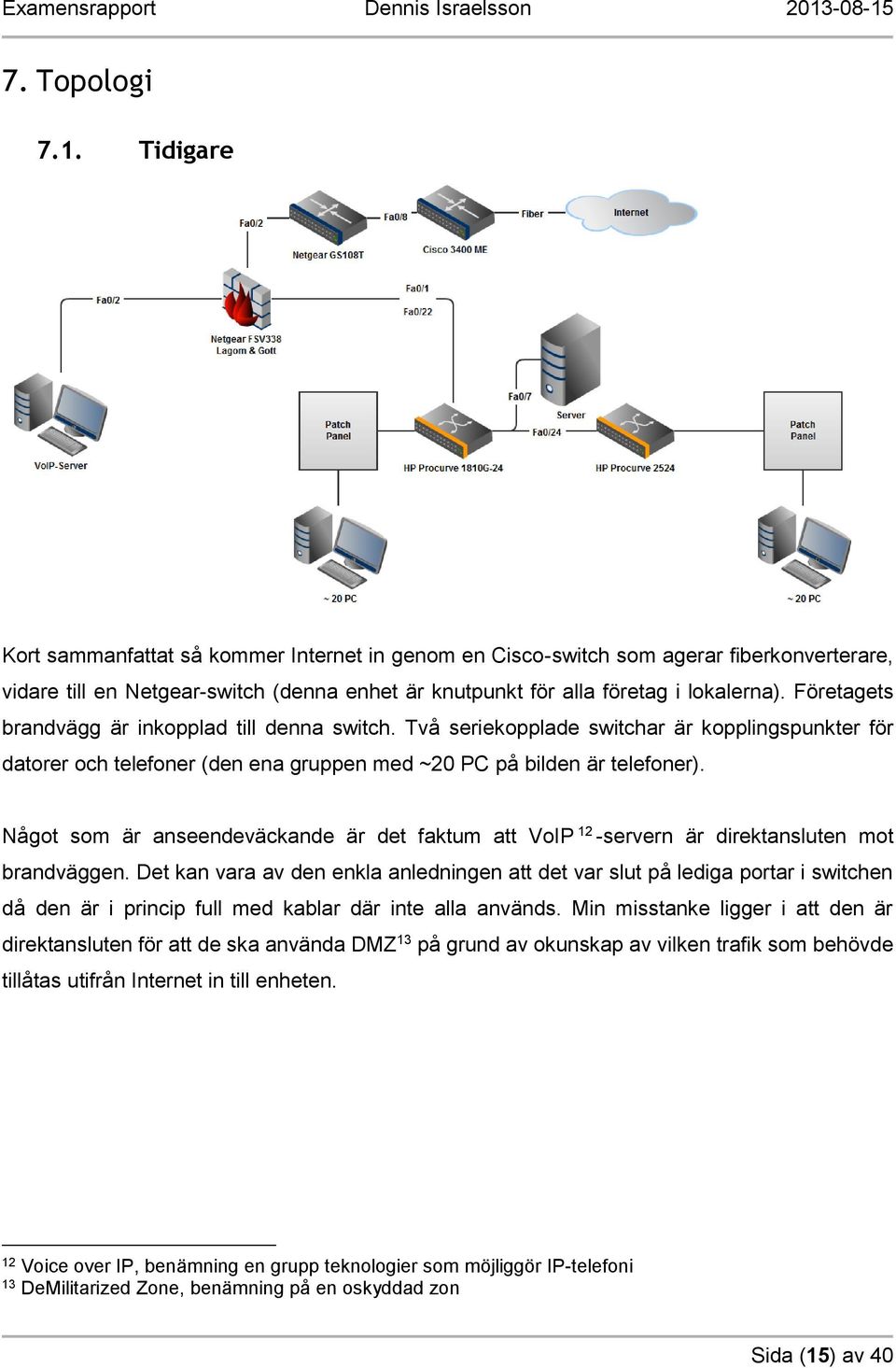 Företagets brandvägg är inkopplad till denna switch. Två seriekopplade switchar är kopplingspunkter för datorer och telefoner (den ena gruppen med ~20 PC på bilden är telefoner).