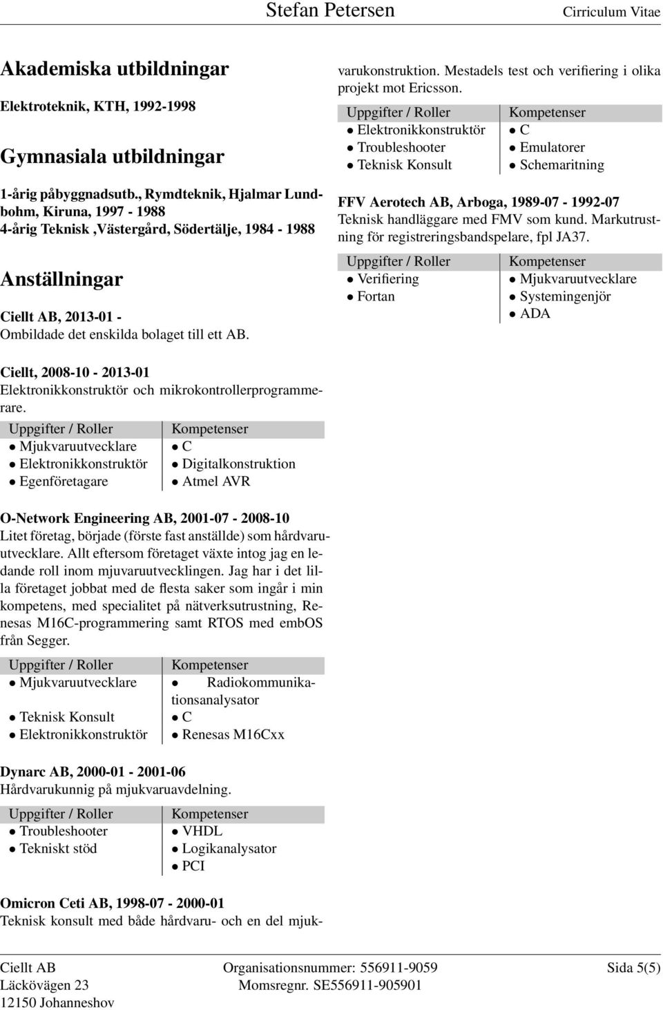 Omicron Ceti AB, 1998-07 - 2000-01 Teknisk konsult med både hårdvaru- och en del mjukvarukonstruktion. Mestadels test och verifiering i olika projekt mot Ericsson.