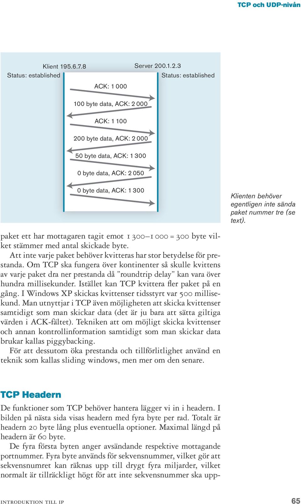 3 100 byte data, ACK: 2 000 ACK: 1 100 200 byte data, ACK: 2 000 50 byte data, ACK: 1 300 0 byte data, ACK: 2 050 0 byte data, ACK: 1 300 paket ett har mottagaren tagit emot 1 300 1 000 = 300 byte