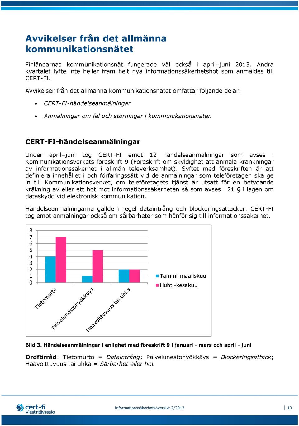 Avvikelser från det allmänna kommunikationsnätet omfattar följande delar: CERT-FI-händelseanmälningar Anmälningar om fel och störningar i kommunikationsnäten CERT-FI-händelseanmälningar Under april