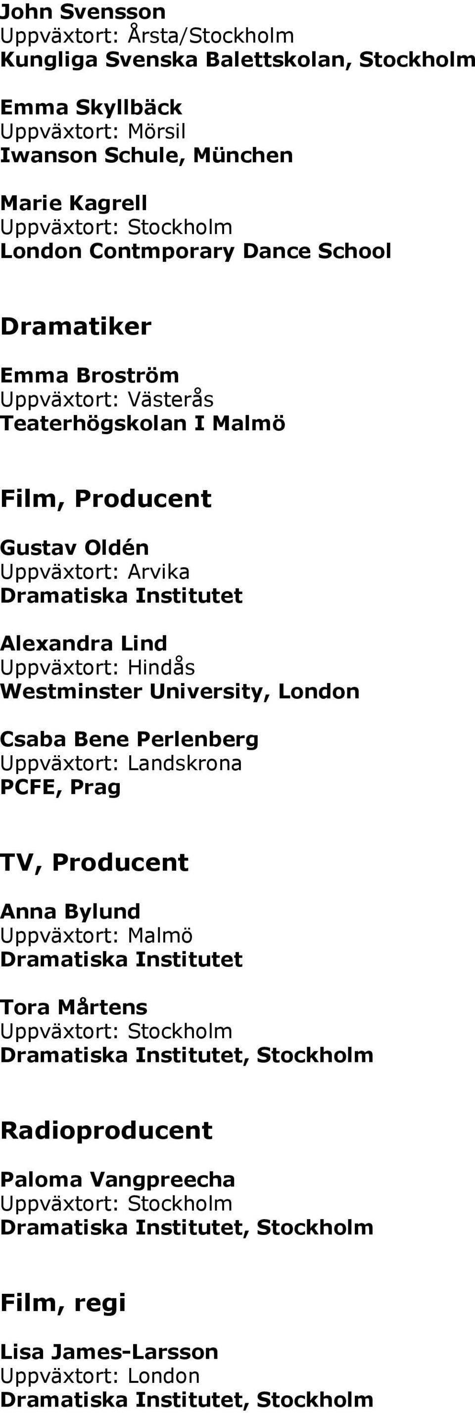 Arvika Dramatiska Institutet Alexandra Lind Uppväxtort: Hindås Westminster University, London Csaba Bene Perlenberg Uppväxtort: Landskrona PCFE, Prag