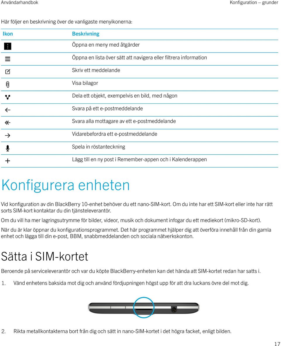 röstanteckning Lägg till en ny post i Remember-appen och i Kalenderappen Konfigurera enheten Vid konfiguration av din BlackBerry 10-enhet behöver du ett nano-sim-kort.
