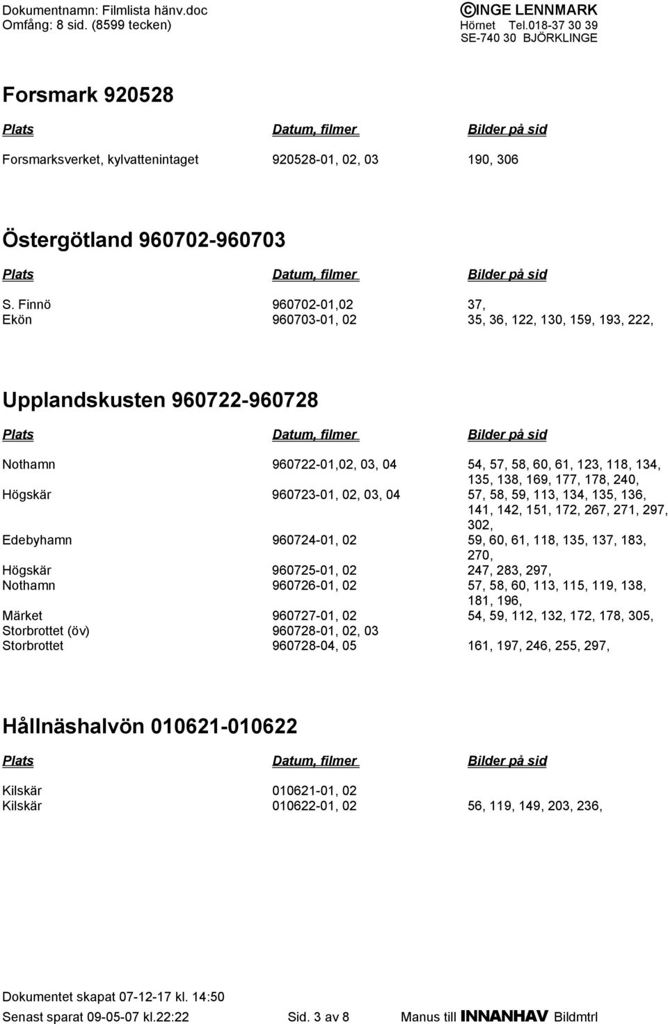 Högskär 960723-01, 02, 03, 04 57, 58, 59, 113, 134, 135, 136, 141, 142, 151, 172, 267, 271, 297, 302, Edebyhamn 960724-01, 02 59, 60, 61, 118, 135, 137, 183, 270, Högskär 960725-01, 02 247, 283, 297,