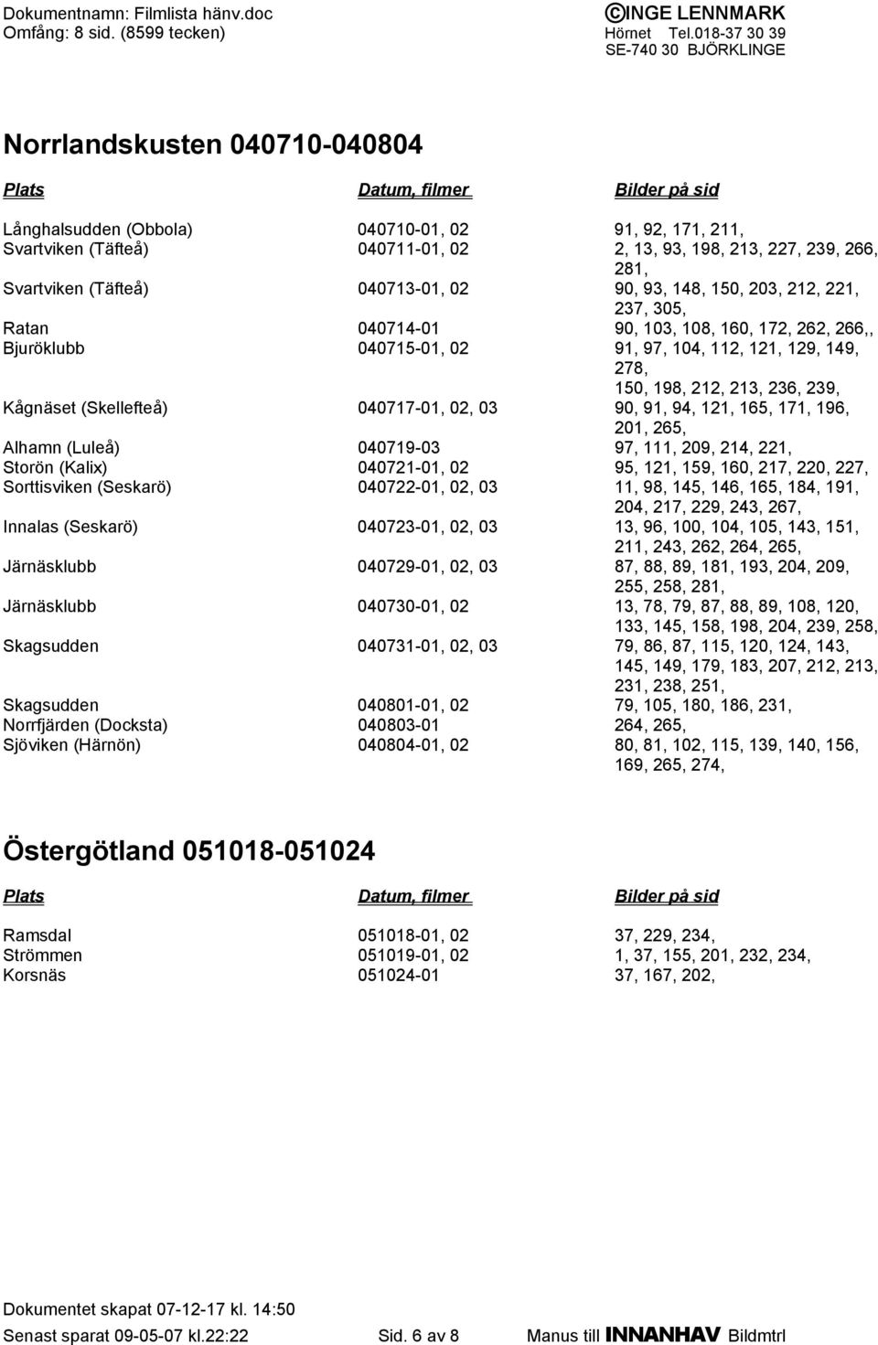 (Skellefteå) 040717-01, 02, 03 90, 91, 94, 121, 165, 171, 196, 201, 265, Alhamn (Luleå) 040719-03 97, 111, 209, 214, 221, Storön (Kalix) 040721-01, 02 95, 121, 159, 160, 217, 220, 227, Sorttisviken