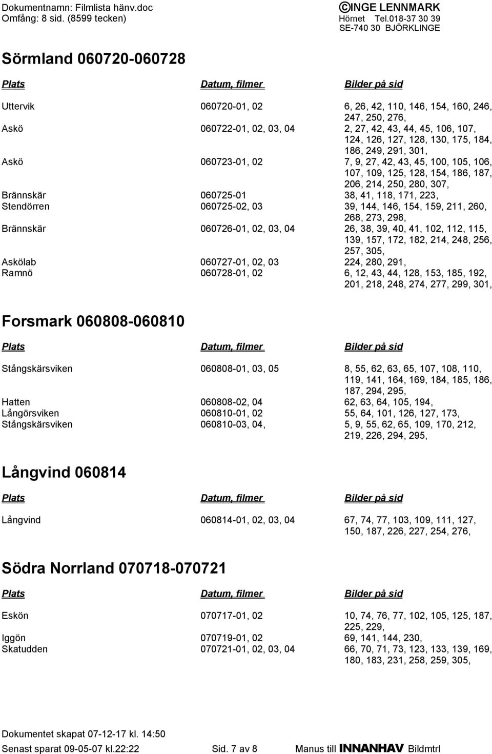 39, 144, 146, 154, 159, 211, 260, 268, 273, 298, Brännskär 060726-01, 02, 03, 04 26, 38, 39, 40, 41, 102, 112, 115, 139, 157, 172, 182, 214, 248, 256, 257, 305, Askölab 060727-01, 02, 03 224, 280,