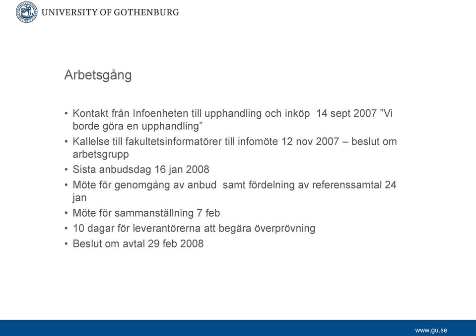 Sista anbudsdag 16 jan 2008 Möte för genomgång av anbud samt fördelning av referenssamtal 24 jan