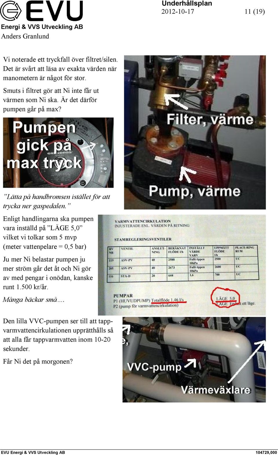 Enligt handlingarna ska pumpen vara inställd på LÄGE 5,0 vilket vi tolkar som 5 mvp (meter vattenpelare = 0,5 bar) Ju mer Ni belastar pumpen ju mer ström går det åt och Ni