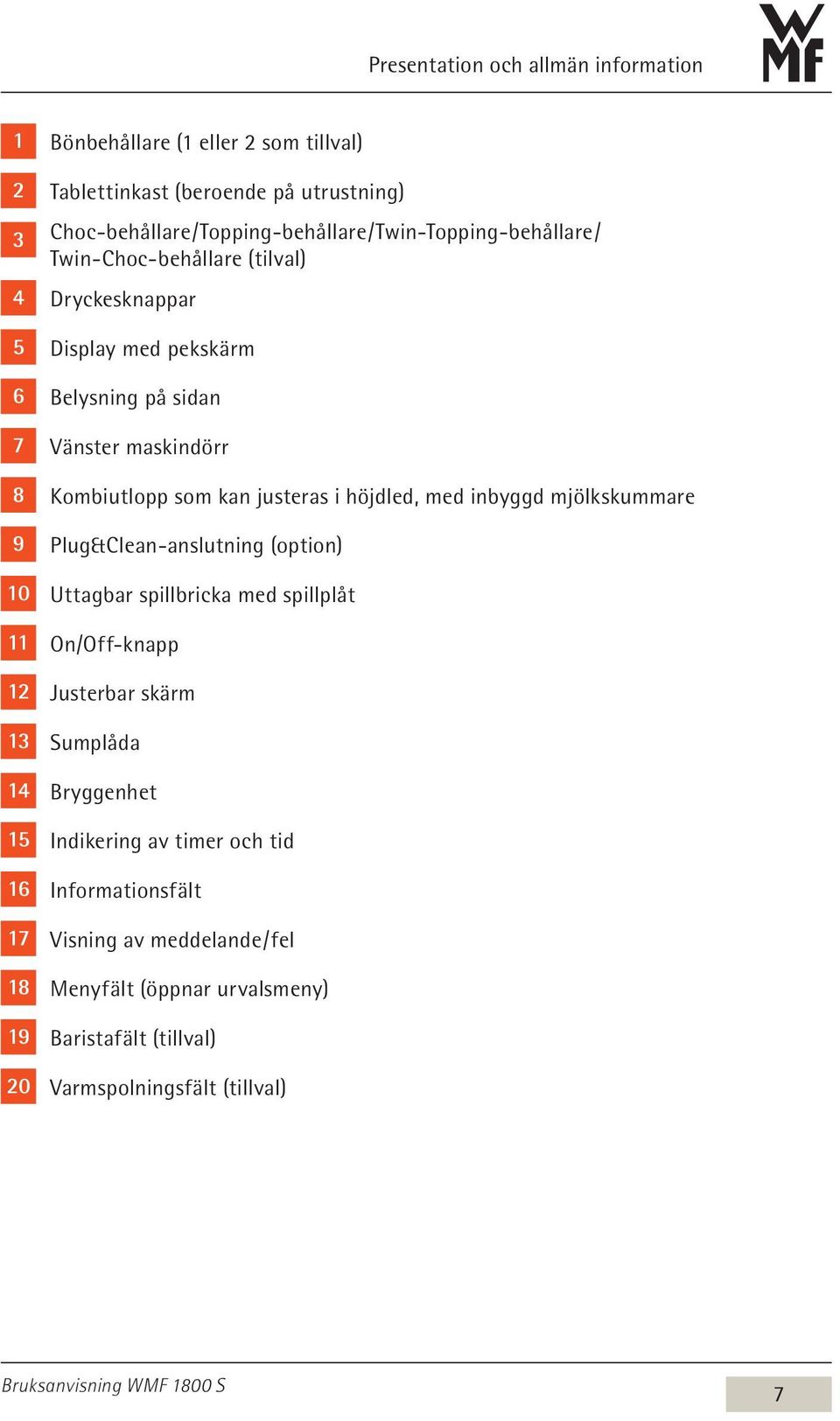 justeras i höjdled, med inbyggd mjölkskummare 9 Plug&Clean-anslutning (option) 10 Uttagbar spillbricka med spillplåt 11 On/Off-knapp 12 Justerbar skärm 13 Sumplåda