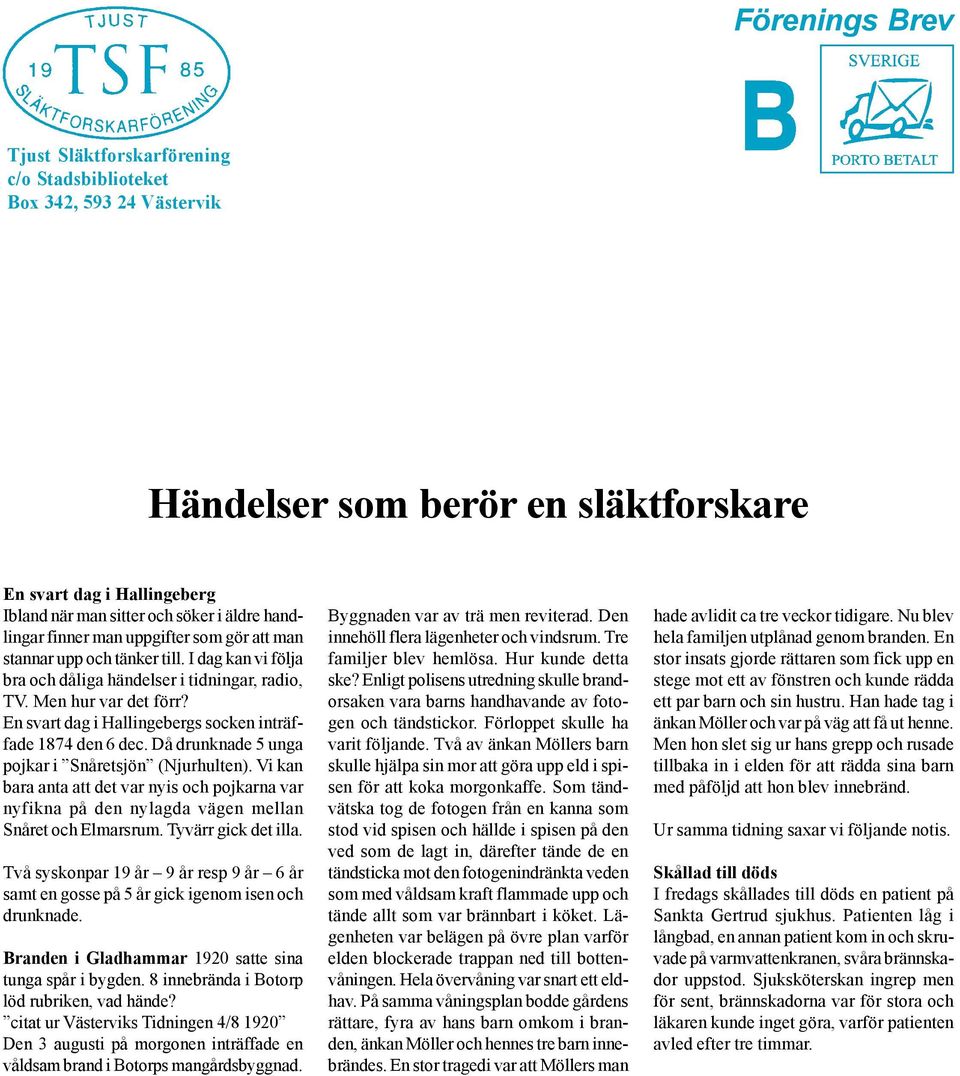 En svart dag i Hallingebergs socken inträffade 1874 den 6 dec. Då drunknade 5 unga pojkar i Snåretsjön (Njurhulten).